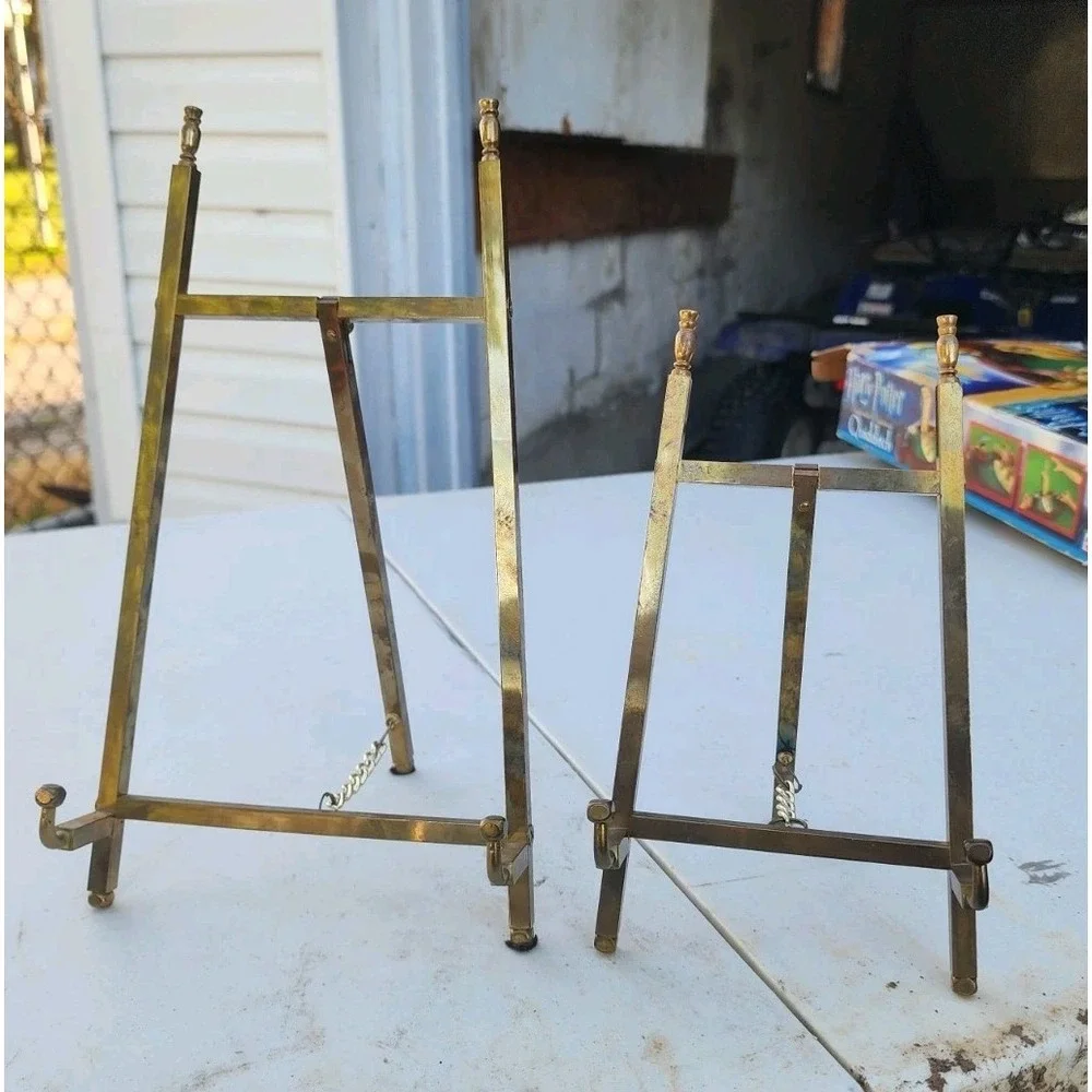 Vintage Set Of 2 Solid Brass Easel Display Stands Large & Medium